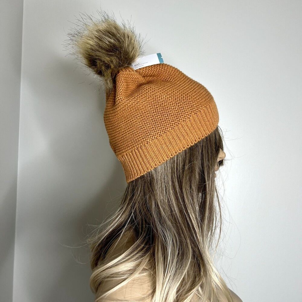 Gold Pom Pom Knit Beanie Hat